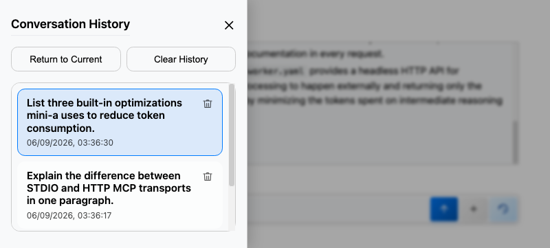 Web UI with conversation history sidebar showing session management