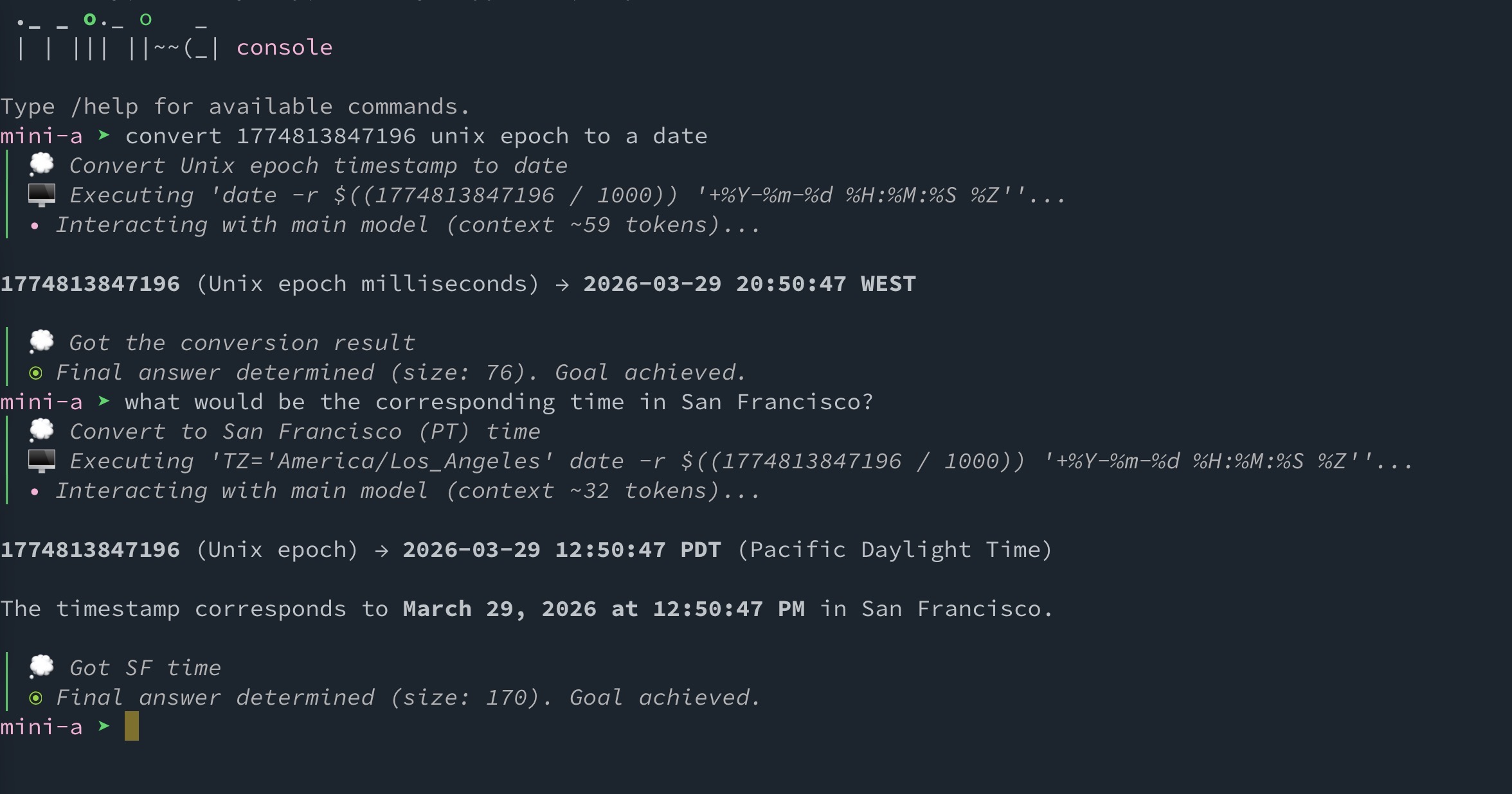 Console interactive goal execution