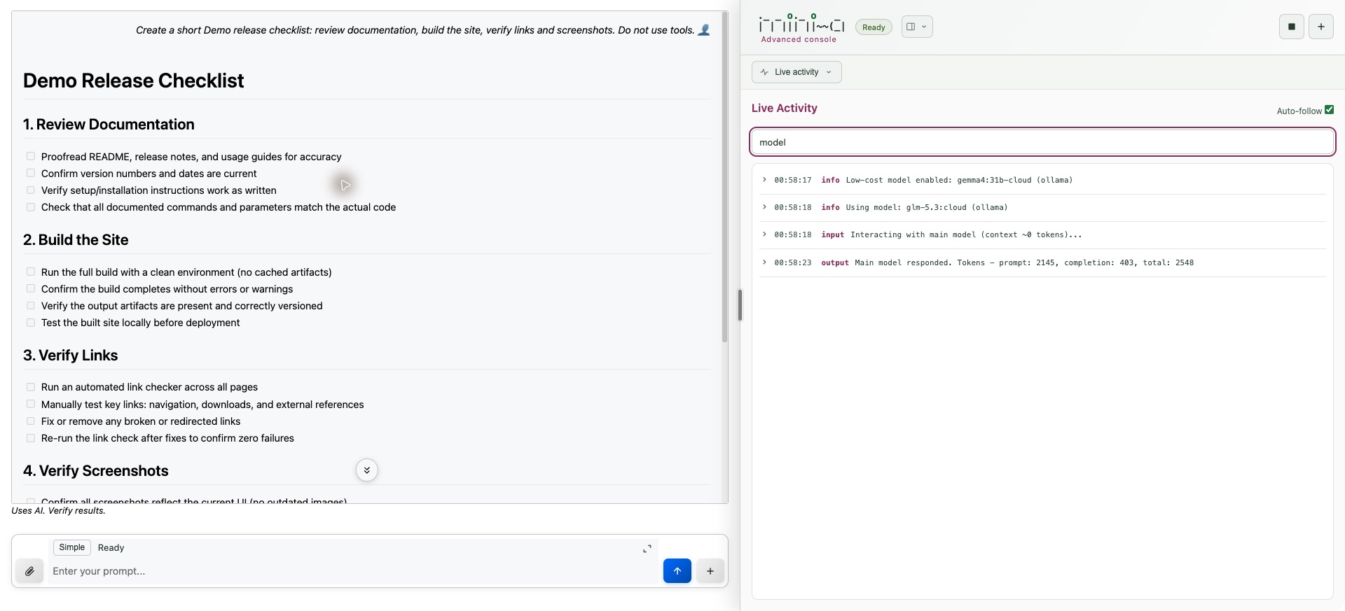 Advanced overview with a demo answer and filtered Live activity