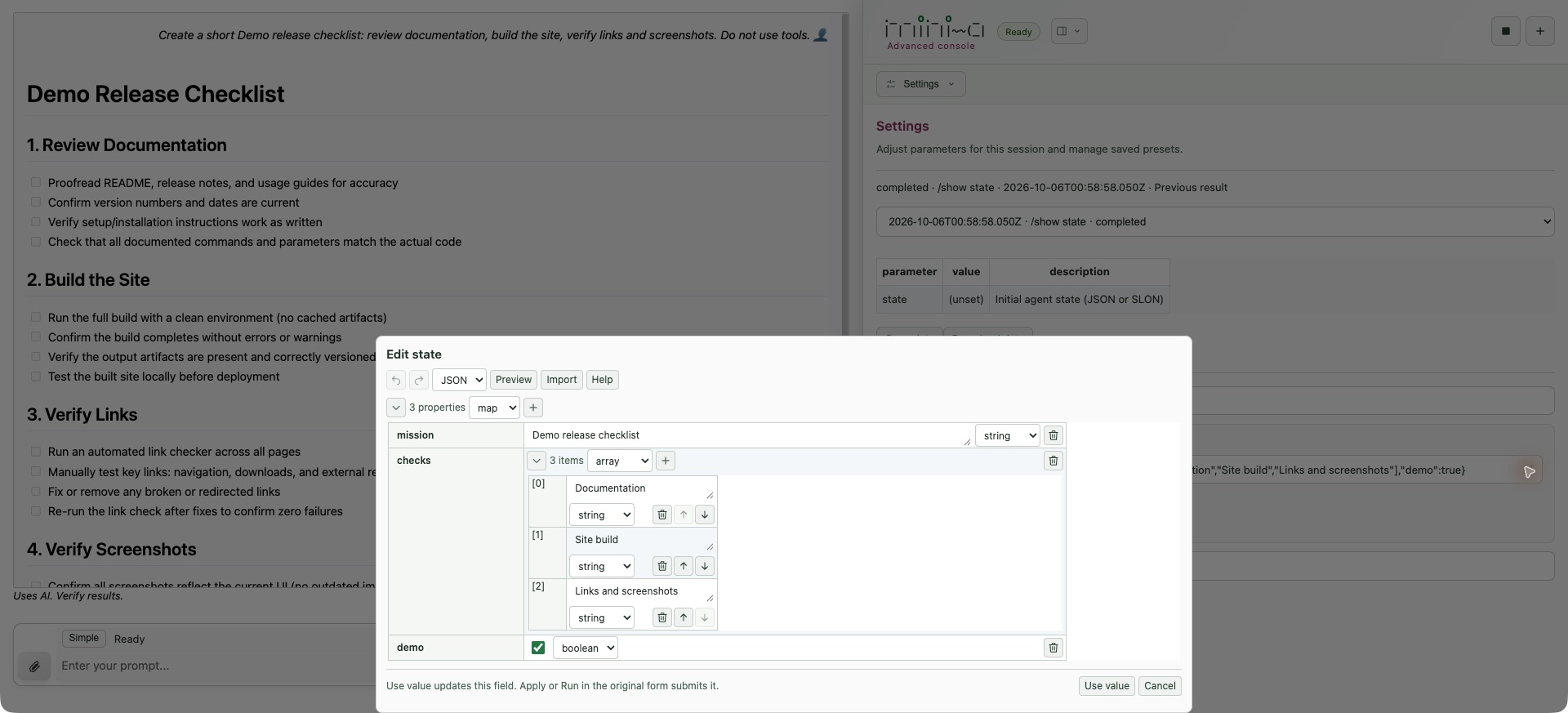 Advanced Settings with the structured JSON editor open