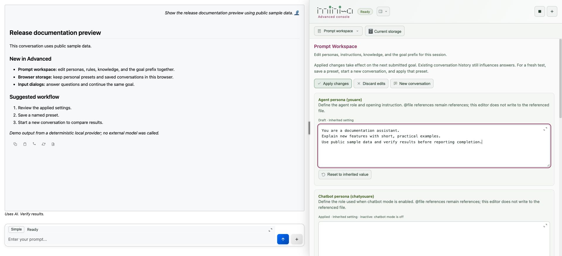 Advanced Prompt workspace showing an unsaved persona draft and Apply changes controls
