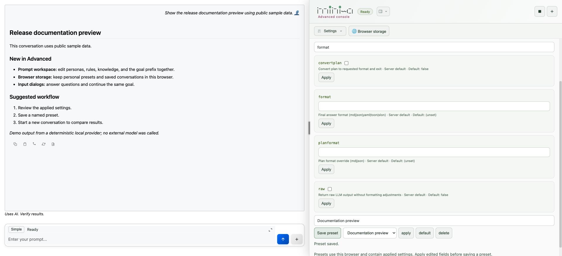 Advanced Settings with Browser storage selected and a saved Documentation preview preset