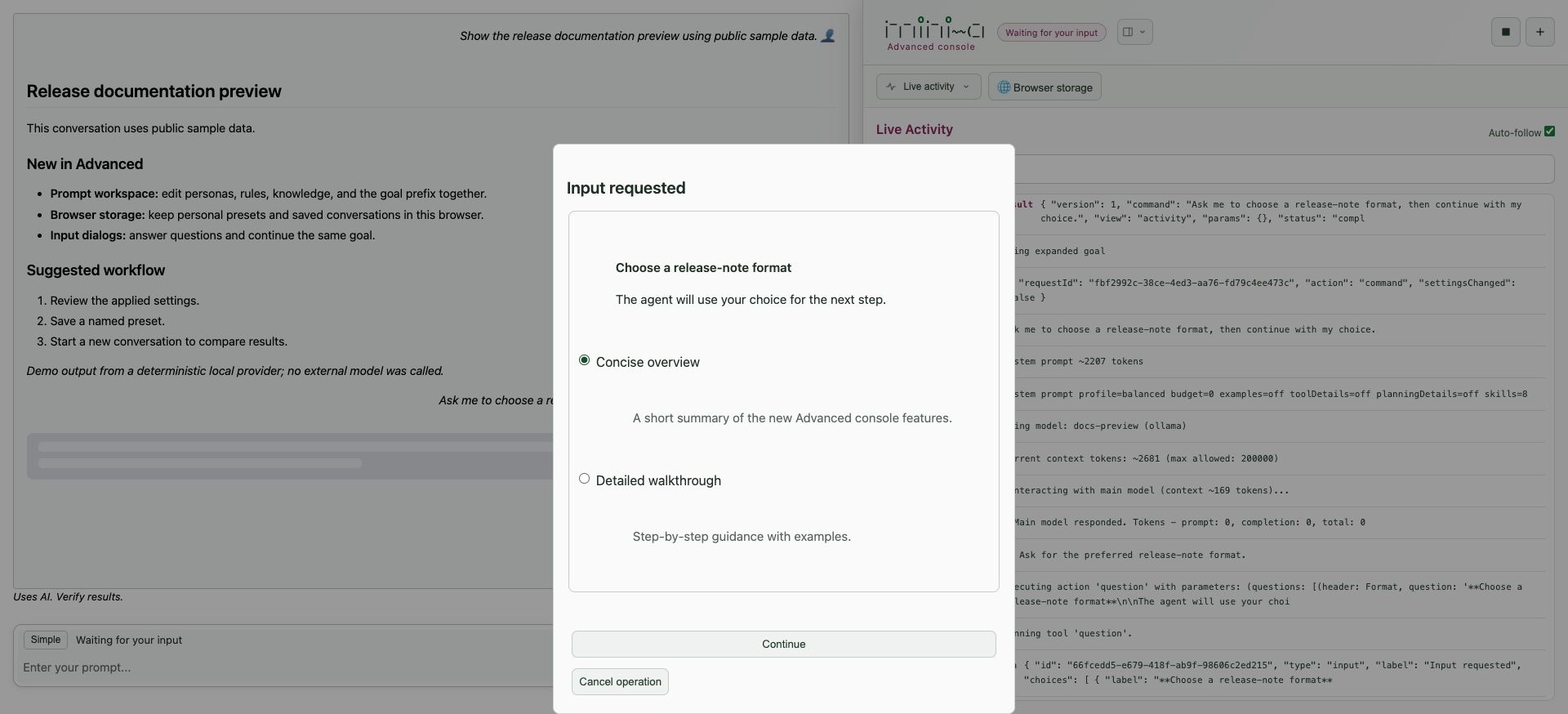 Advanced console waiting for input with a release-note format choice and Continue button